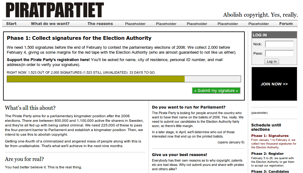 The first website of the Pirate Party, translated for reference. It is no overstatement that it was rough and unpolished.